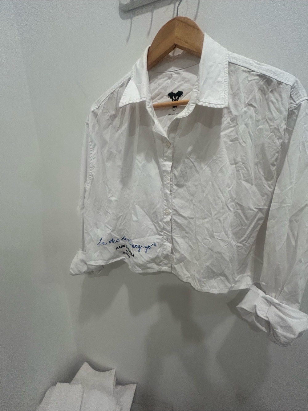 Cropped White Button-Down Shirt with Subtle Embroidery